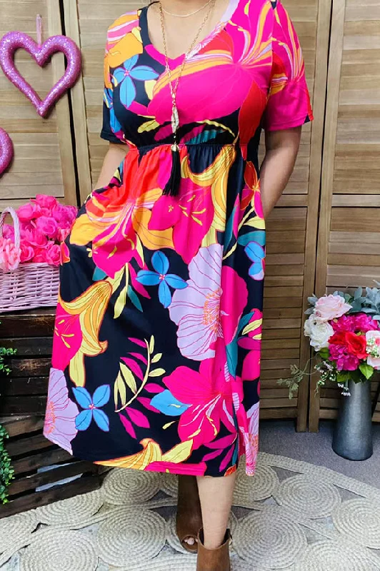 XCH15915 Multi color floral printed v-neck line long style women dress w/side pockets