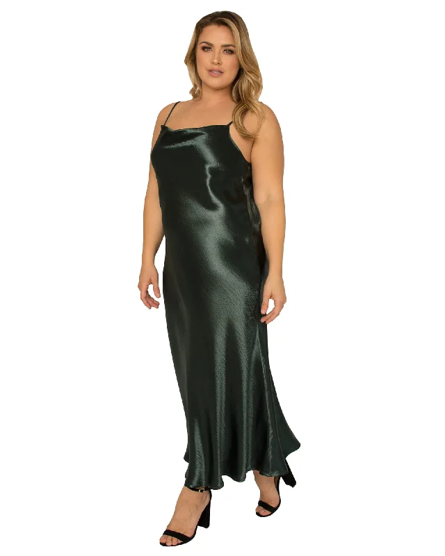 Drea Cowlneck Satin Midi Slip Dress | Green