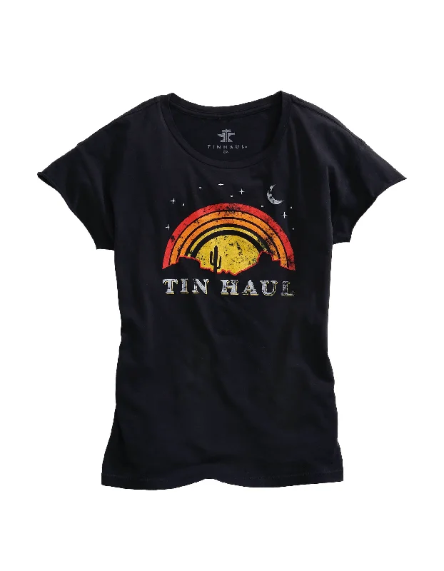 WOMENS LONG SLEEVE KNIT TIN HAUL SUNSET AND MOON SCREEN PRINT SHIRT Fashionable Cuffed Short Sleeve WOMENS LONG SLEEVE KNIT TIN HAUL SUNSET AND MOON SCREEN PRINT SHIRT Fashionable Cuffed Short Sleeve