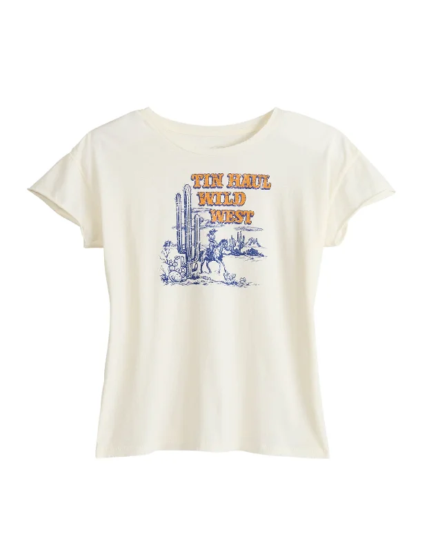 WOMENS SHORT SLEEVE TIN HAUL WILD WILD WEST SCREEN PRINT T SHIRT WITH GARMENT WASH DISTRESS DESTRUCTION Casual Oversized Short Shirt