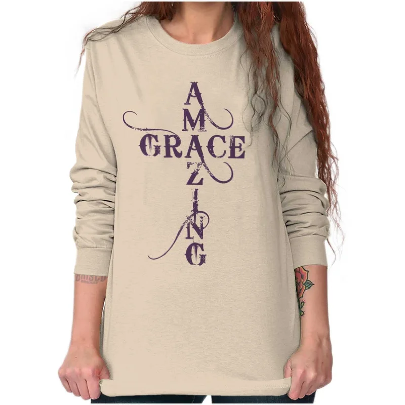 Amazing Grace Script Long Sleeve T Shirt Soft Cotton Short Tee