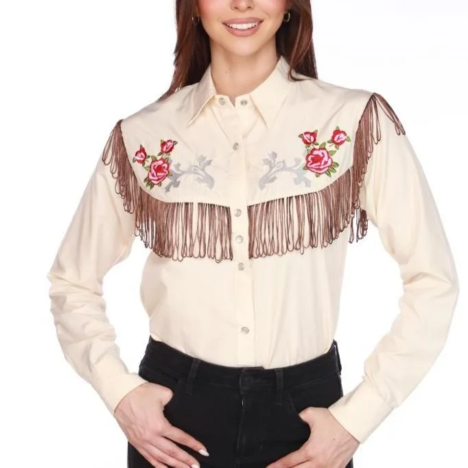 American West Cowgirl Embroidered Tassel Shirt - Beige Soft Cotton Short Tee