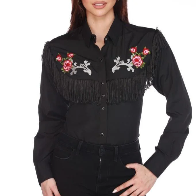 American West Cowgirl Embroidered Tassel Shirt - Black Soft Cotton Short Shirt