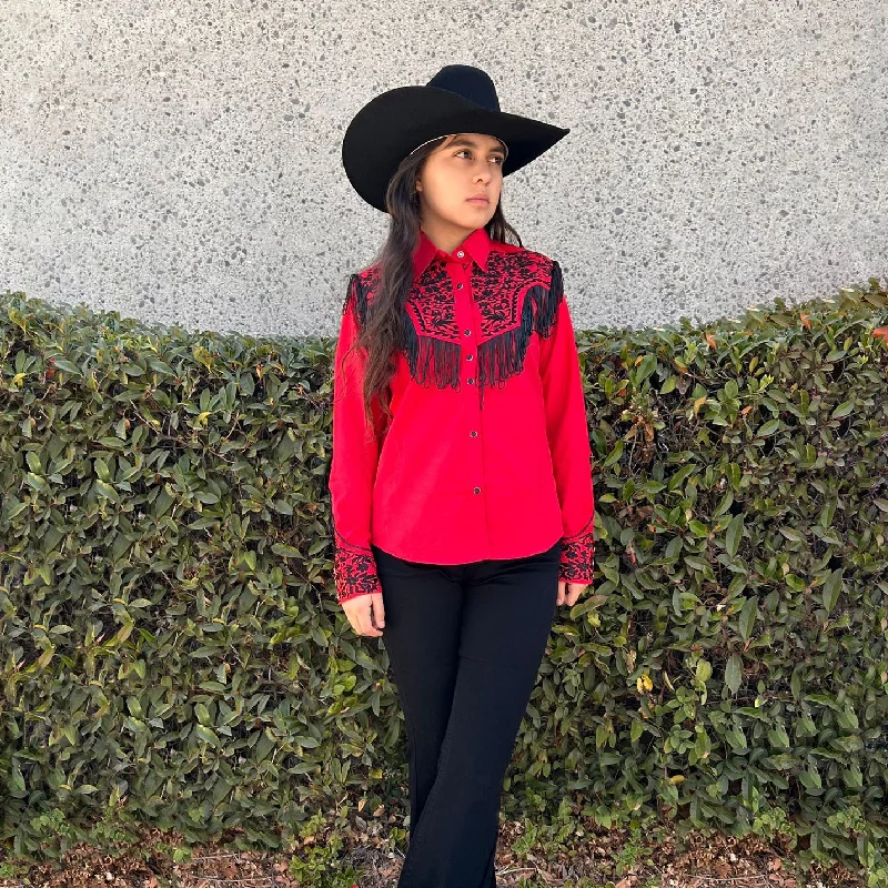 American West Cowgirl Embroidered Tassel Shirt - Red Trendy Button-Front Short Sleeve