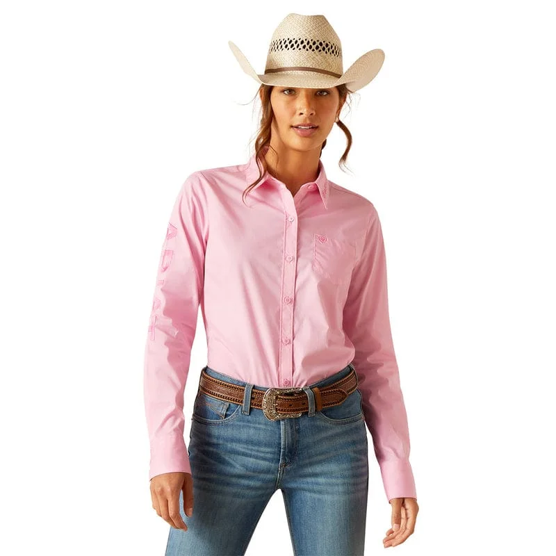 Ariat Women's Wrinkle Resist Team Kirby Prism Pink Long Sleeve Button Down Stretch Shirt 10048754 Relaxed Fit Short Blouse