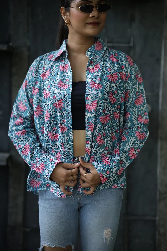 Blue Anokhi Print 100% Cotton Full Sleeves Women's Shirt Comfortable Peplum Short Shirt Blue Anokhi Print 100% Cotton Full Sleeves Women's Shirt Comfortable Peplum Short Shirt