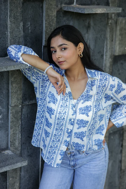 Blue Vertical Floral Print 100% Cotton Full Sleeves Women's Shirt Classic Basic Short Shirt