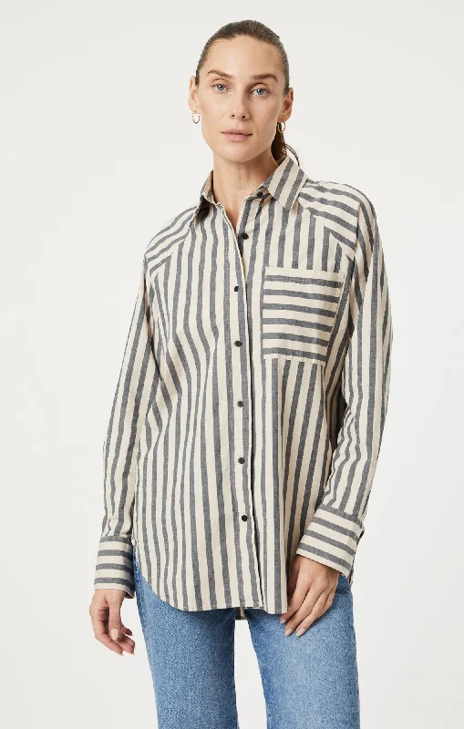 BUTTON-UP LONG SLEEVE SHIRT IN BEIGE BOLD STRIPE Casual Cotton Short Shirt