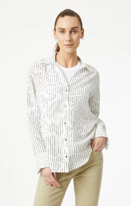 BUTTON-UP LONG SLEEVE SHIRT IN BLACK STRIPE Fashionable Button-Front Short Sleeve