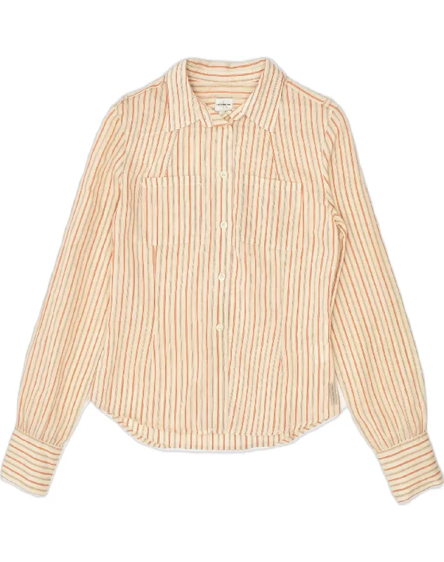 CALVIN KLEIN JEANS Womens Shirt Medium Beige Striped Cotton Fashionable Draped Short Sleeve