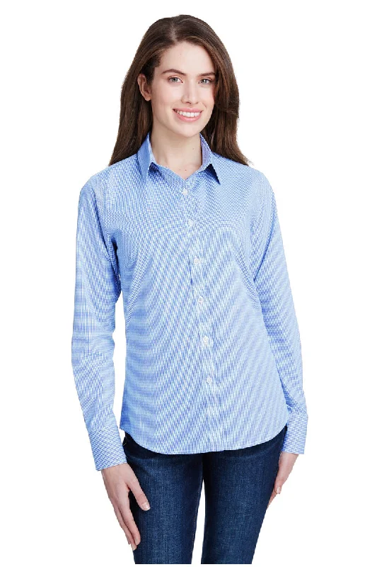 Women's Microcheck Long Sleeve Cotton Shirt (Light Blue / White) Modern Short Sleeve Top