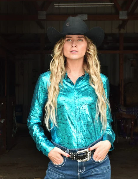 Cowgirl Tuff Metallic Turquoise Shirt Classic Basic Short Shirt