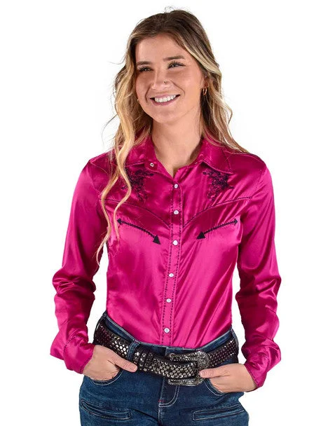 Cowgirl Tuff Pink Satin Shirt Fashionable Pleated Short Shirt