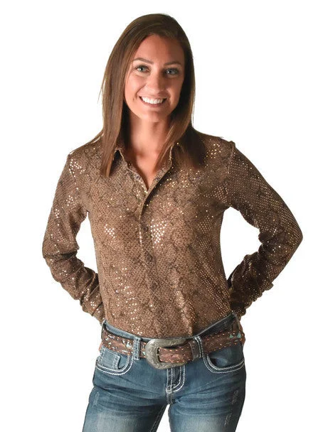 Cowgirl Tuff Tan Metallic Snakeskin Rodeo Shirt Classic Basic Short Shirt