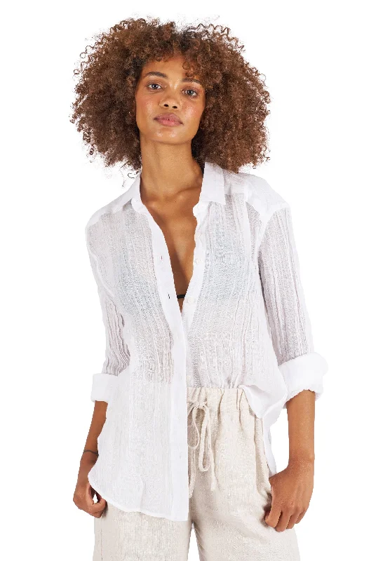 Crinkle-Shirt White Oversized Linen Shirt Casual Ruffle Short Shirt