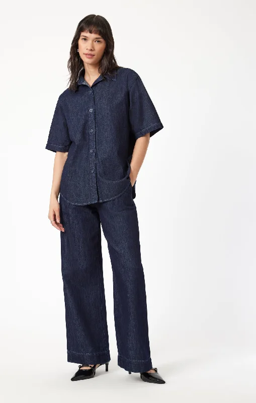 DEVA SHIRT IN RINSE DENIM Chic Button-Up Short Shirt