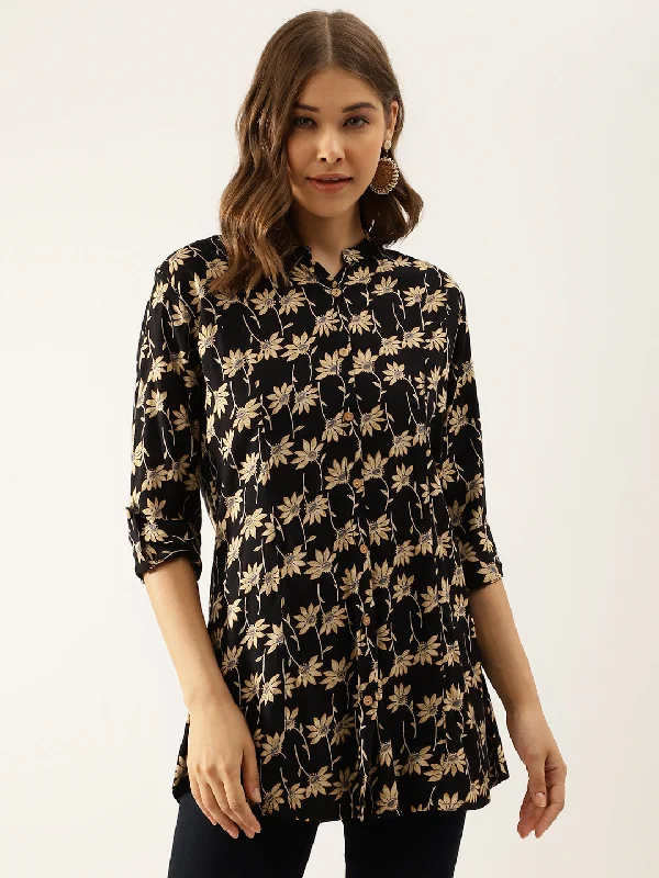 Divena Black Floral Printed Rayon Shirt type Top for Women Casual Slouchy Short Sleeve Divena Black Floral Printed Rayon Shirt type Top for Women Casual Slouchy Short Sleeve