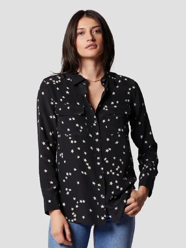 EQUIPMENT Slim Signature Silk Shirt - TRUE BLACK STAR PRINT Stylish Short Sleeve Top