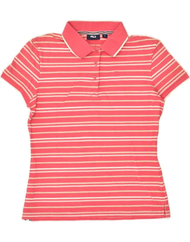 FILA Womens Polo Shirt UK 14 Large Pink Striped Cotton Comfortable Short Sleeve Tunic