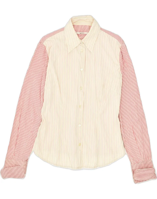 GAS Womens Shirt UK 14 Large Beige Striped Cotton Trendy Tie-Front Short Shirt