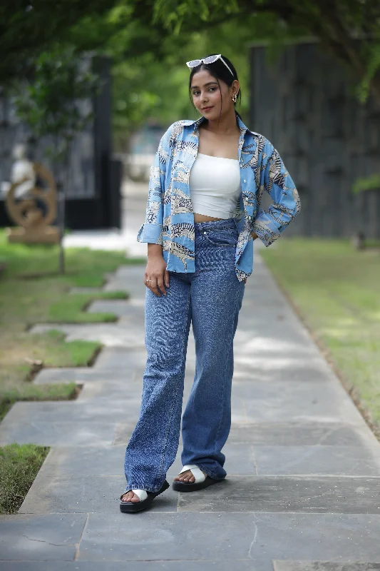 Gond Inspired on Blue Print 100% Cotton Full Sleeves Women's Shirt Comfortable Ribbed Short Sleeve Gond Inspired on Blue Print 100% Cotton Full Sleeves Women's Shirt Comfortable Ribbed Short Sleeve