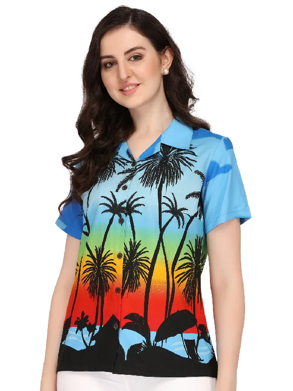 Hawaiian Shirt Women Coconut Tree Print Aloha Beach Top Blouse Casual Cozy Printed Short Shirt