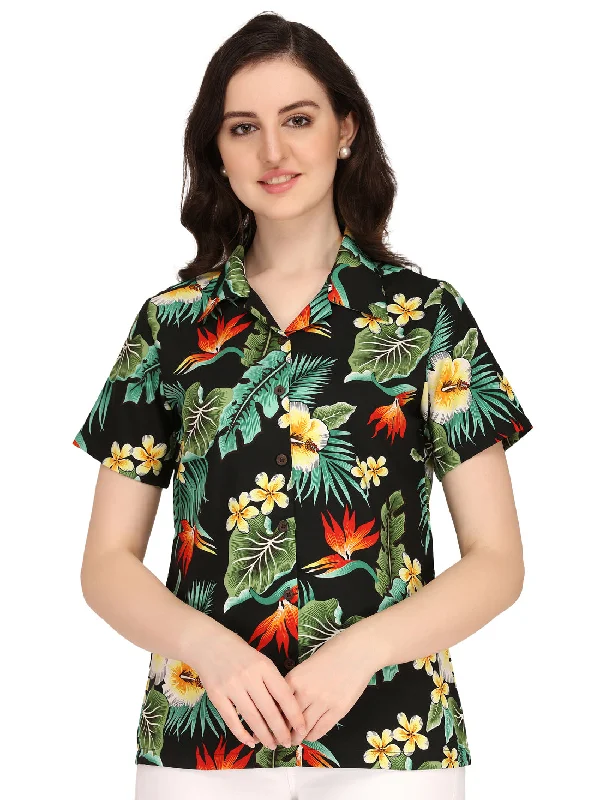 Hawaiian Shirts Womens Flower Leaf Beach Aloha Top Blouse Short Sleeve Holiday Trendy Button-Front Short Sleeve