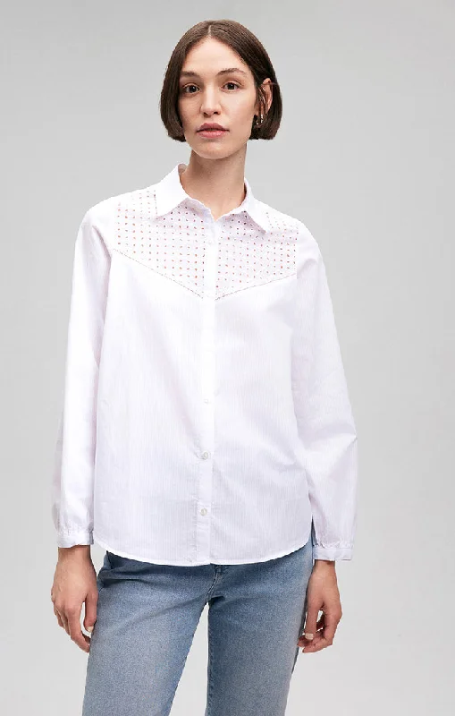 LACE DETAIL BUTTON-UP SHIRT IN WHITE Classic Solid Short Shirt