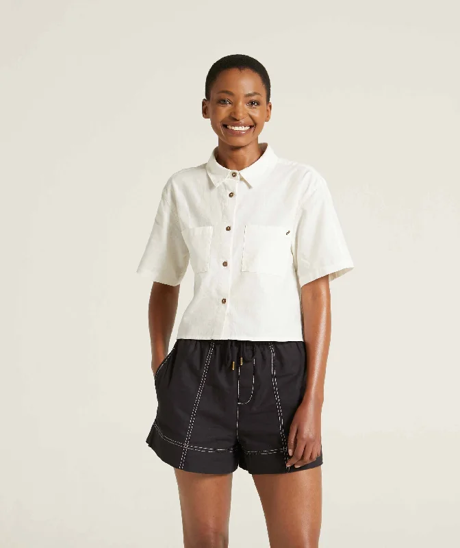 Ladies Linen Blend Short Sleeve Shirt - Soft White Modern Fit Short Sleeve