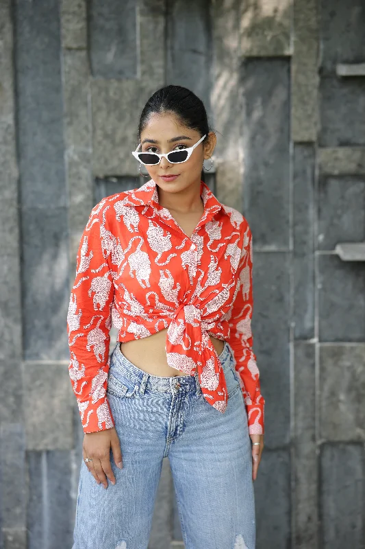 Leopard on Orange Print 100% Cotton Full Sleeves Women's Shirt Comfortable Short Sleeve Blouse Leopard on Orange Print 100% Cotton Full Sleeves Women's Shirt Comfortable Short Sleeve Blouse
