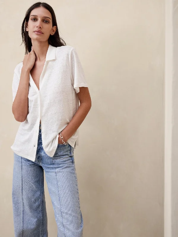Linen Resort Shirt Chic V-Neck Short Blouse
