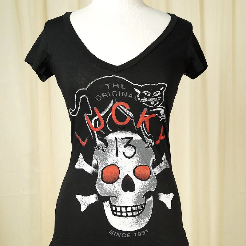 Black Cat Skull V Neck T Shirt Elegant Button-Down Short Shirt