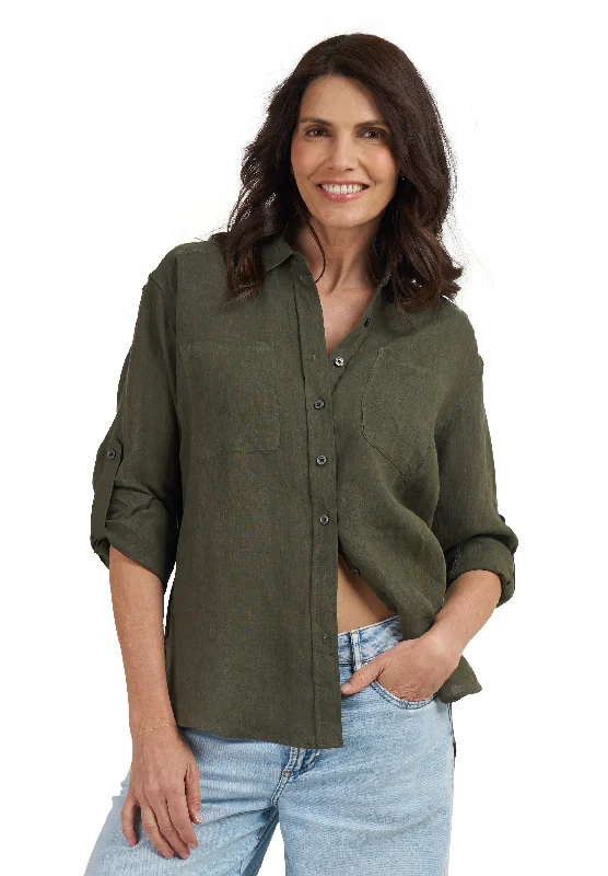 Luna Olive Green Oversized Linen Shirt with Pockets Casual Oversized Short Shirt