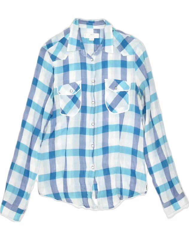 MARLBORO CLASSICS Womens Shirt IT 44 Medium Blue Check Cotton Casual Loose Short Sleeve