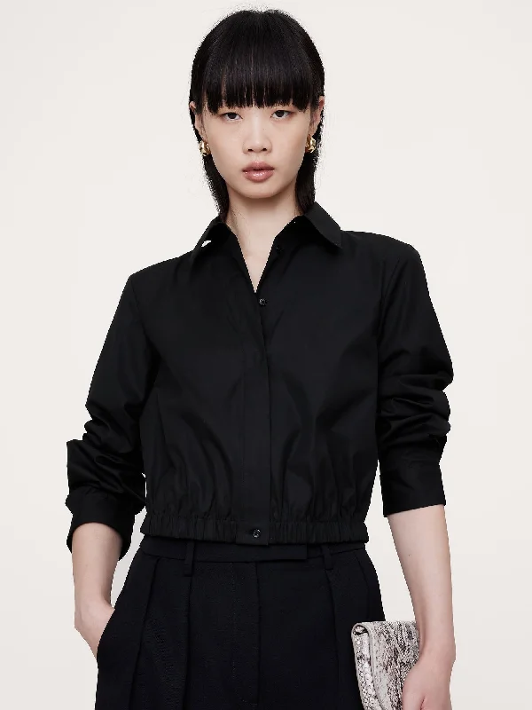 Poplin Cinched-Hem Cropped Shirt Cozy Knit Short Sleeve Top