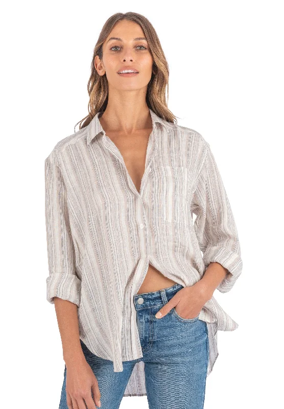 Poppy-Linen Beige Stripes Oversized Linen Shirt Comfortable Graphic Short Sleeve