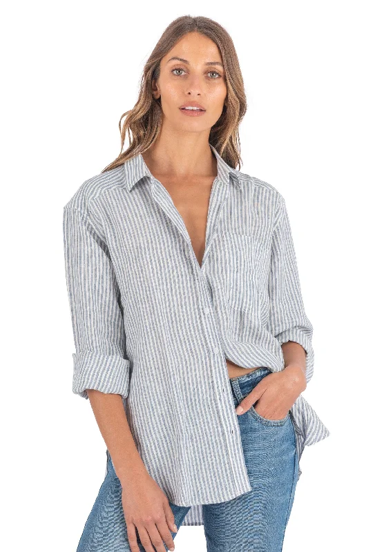Poppy-Linen Blue Stripes Oversized Linen Shirt Fashionable Cuffed Short Sleeve