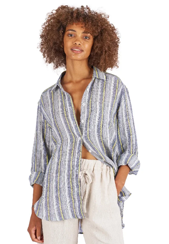 Poppy-Linen Blue Yellow Stripes Oversized Linen Shirt Comfortable Short Sleeve Blouse