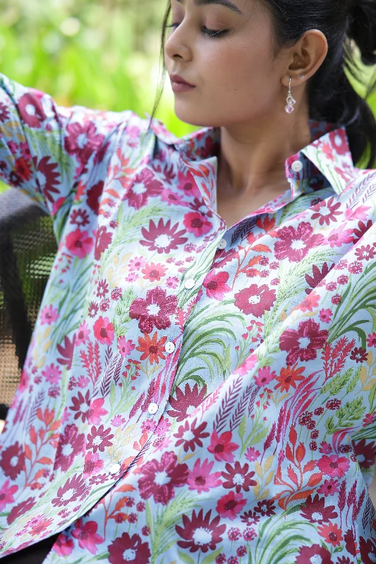 Purple Floral Print 100% Cotton Full Sleeves Women's Shirt Cozy Printed Short Shirt