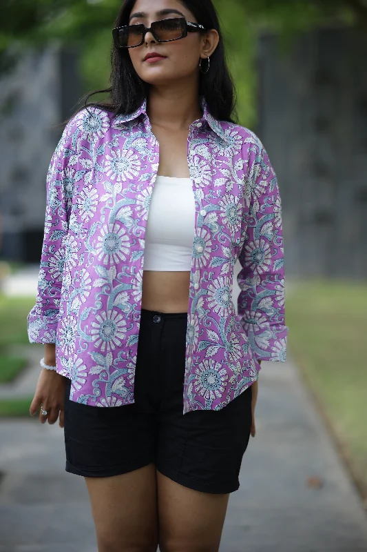 Purple Anokhi Print 100% Cotton Full Sleeves Women's Shirt Trendy Tie-Front Short Shirt