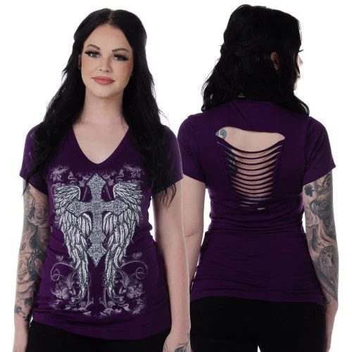 Ladies Purple Shirt with Cross Design 7046 BS Pur Trendy Sleeveless Short Shirt
