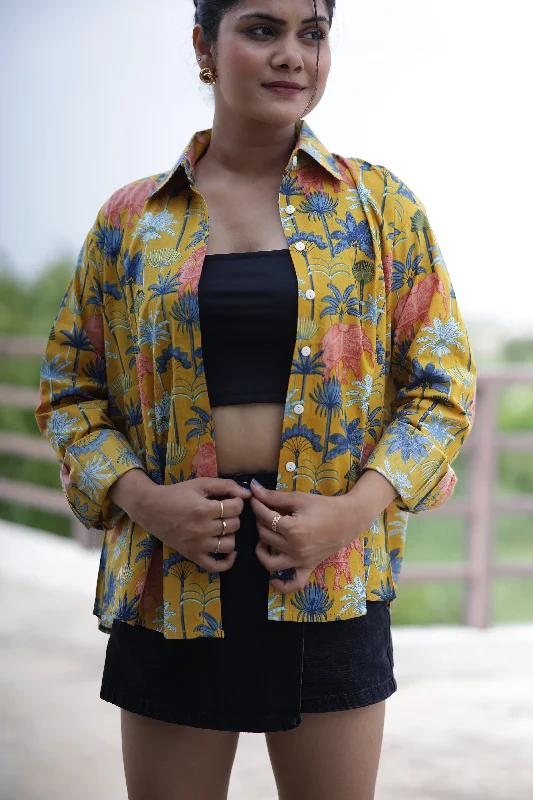 Rainforest on Mustard 100% Cotton Full Sleeves Women's Shirt Elegant Longline Short Shirt Rainforest on Mustard 100% Cotton Full Sleeves Women's Shirt Elegant Longline Short Shirt