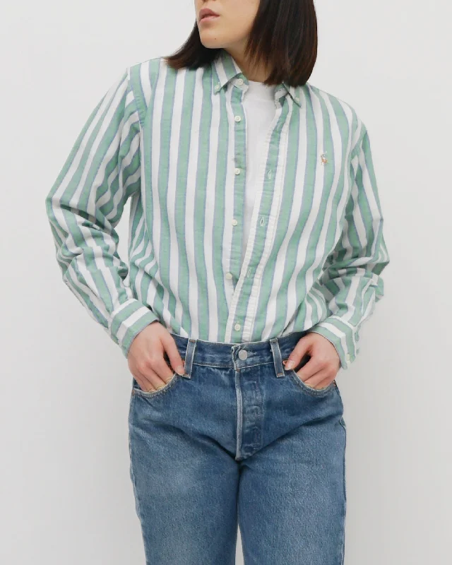 Oxford Shirts / Green Stripe Elegant Button-Down Short Shirt