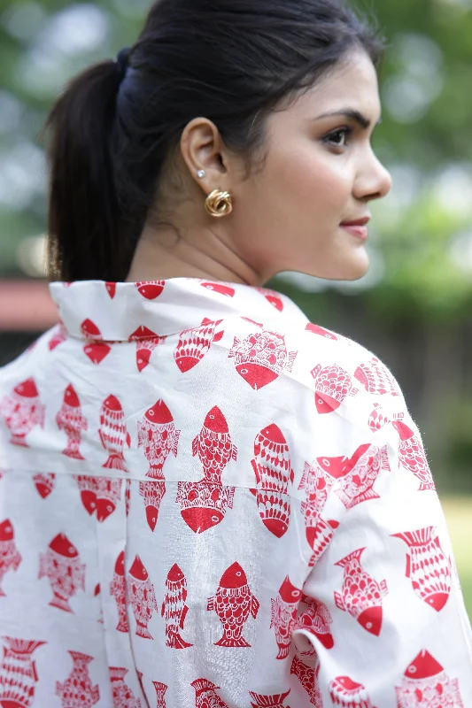 Red Fish Print 100% Cotton Full Sleeves Women's Shirt Relaxed Cotton Short Blouse