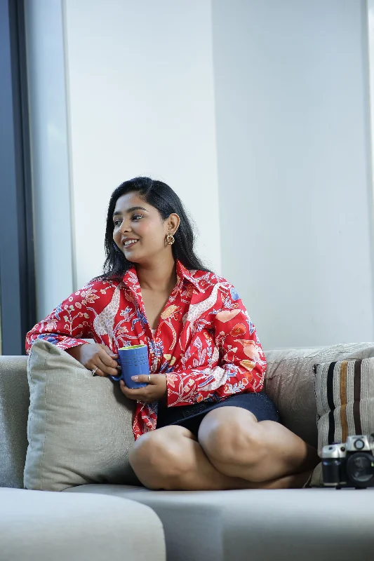 Red Safari Print 100% Cotton Full Sleeves Women's Shirt Casual Slouchy Short Sleeve