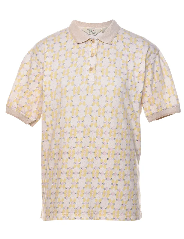 Reebok Light Yellow & Off-White Patterned Polo Shirt - M Classic Button-Up Short Tee