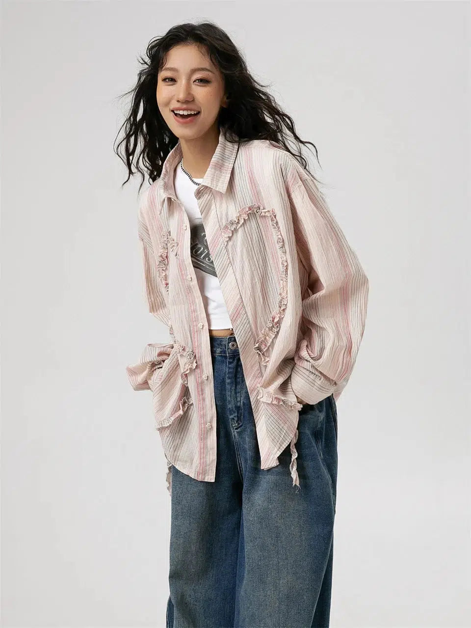 Soft Girl Ruffled Heart Shirt Fashionable Button-Front Short Sleeve