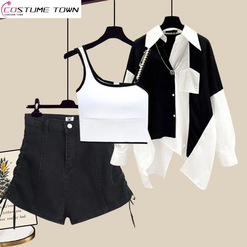 Korean Shirt Suspender Vest Denim Shorts Three-piece Set Elegant Draped Short Shirt