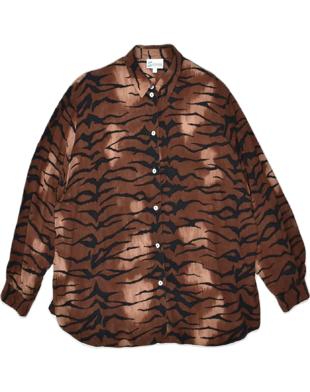 SURPRISE Womens Shirt IT 50 XL Brown Animal Print Viscose Stylish Short Sleeve Polo