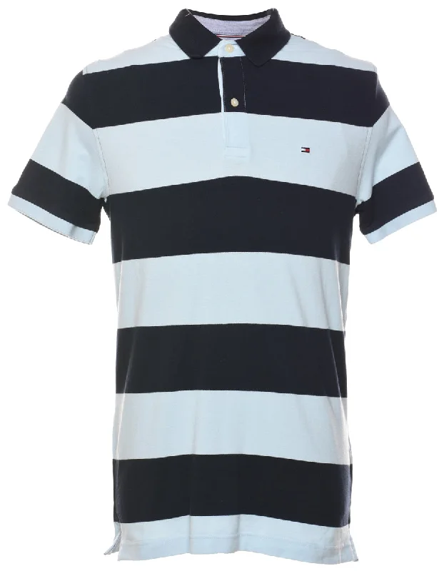 Tommy Hilfiger Navy & Light Blue Striped Polo Shirt - L Comfortable Short Sleeve Tee